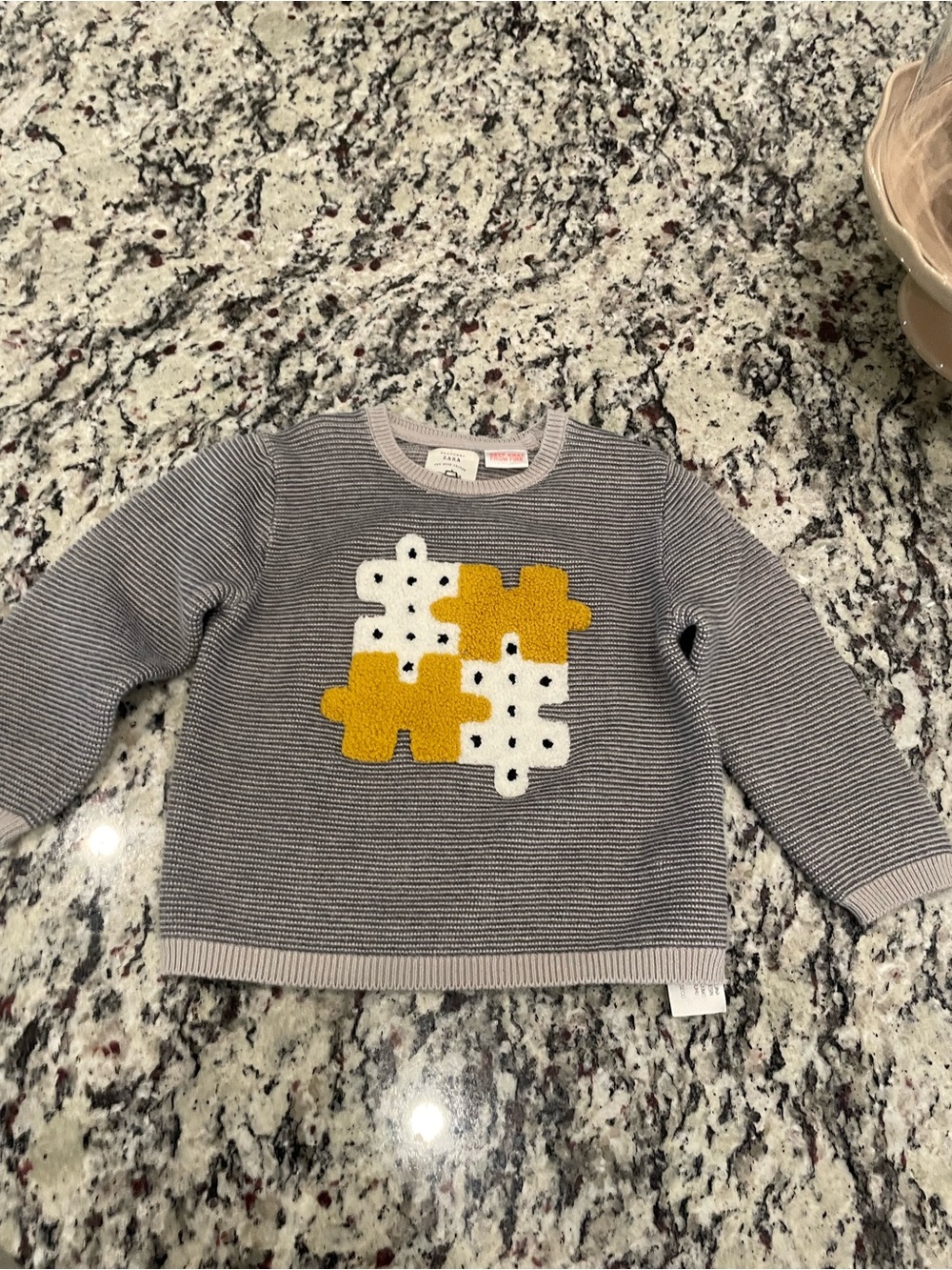 Zara Gray Striped Sweater with Yellow & White Puzzle Patch